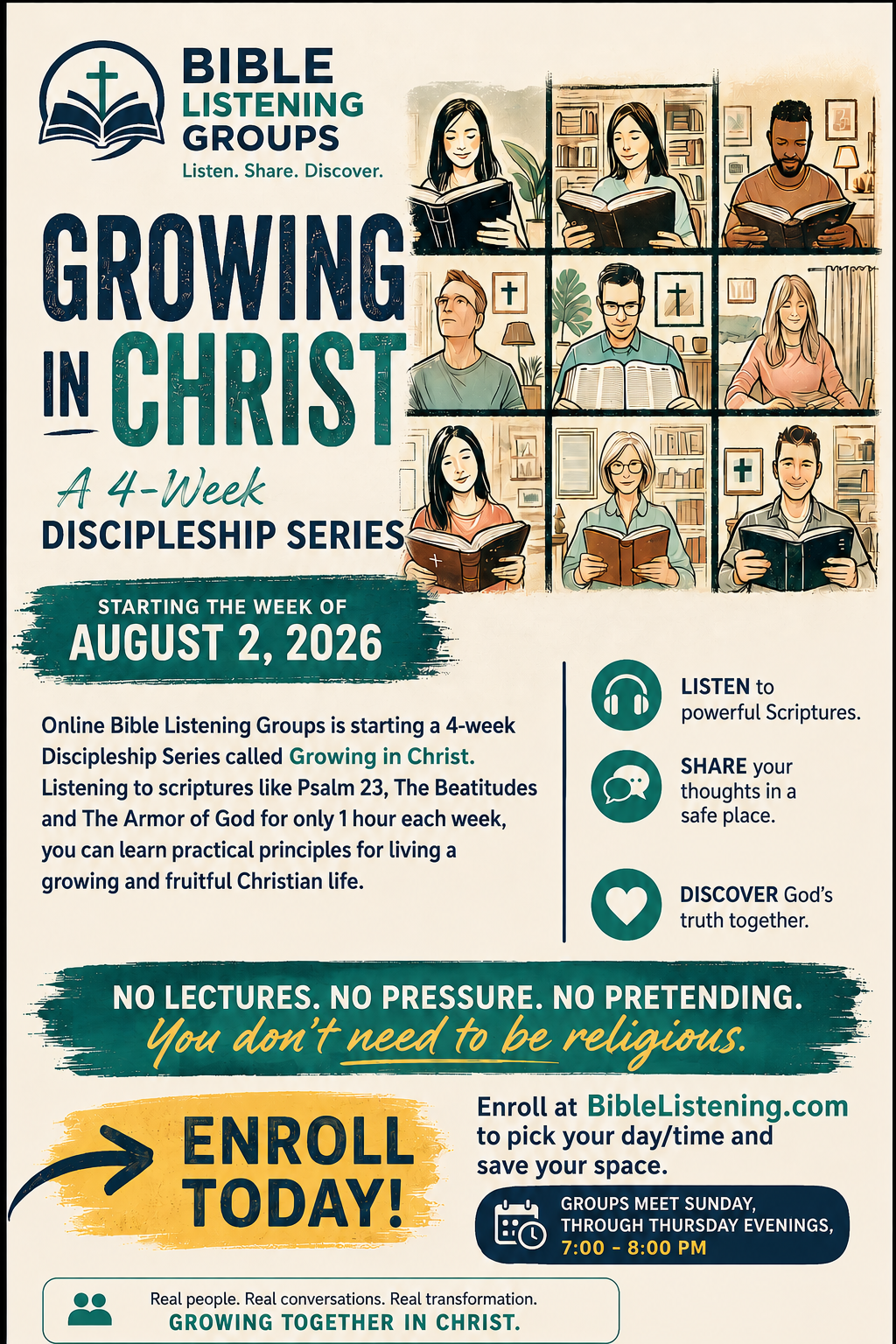 Growing in Christ, a four-week Bible Listening Groups discipleship series beginning the week of August 2, 2026.